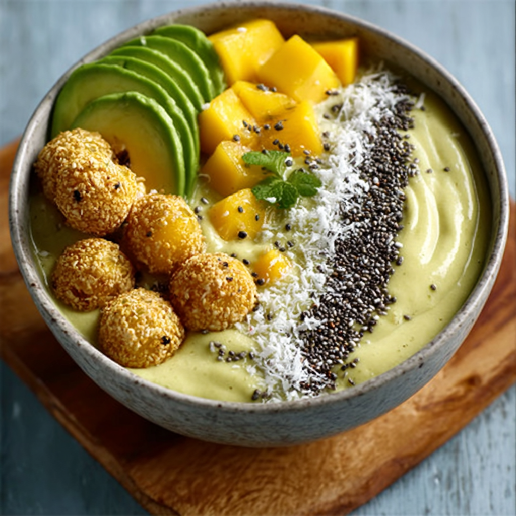 Bowl de batido de aguacate y matcha con perlas de mango