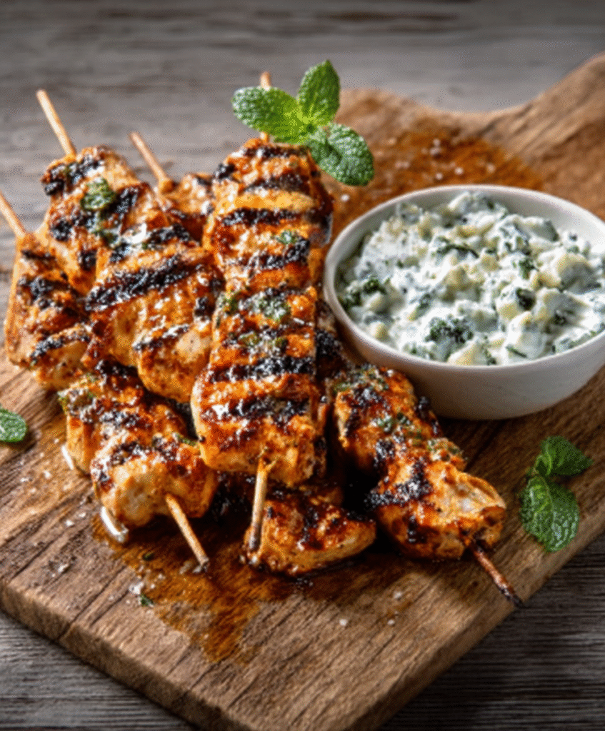 Brochetas de Pollo con Salsa de Yogur y Menta