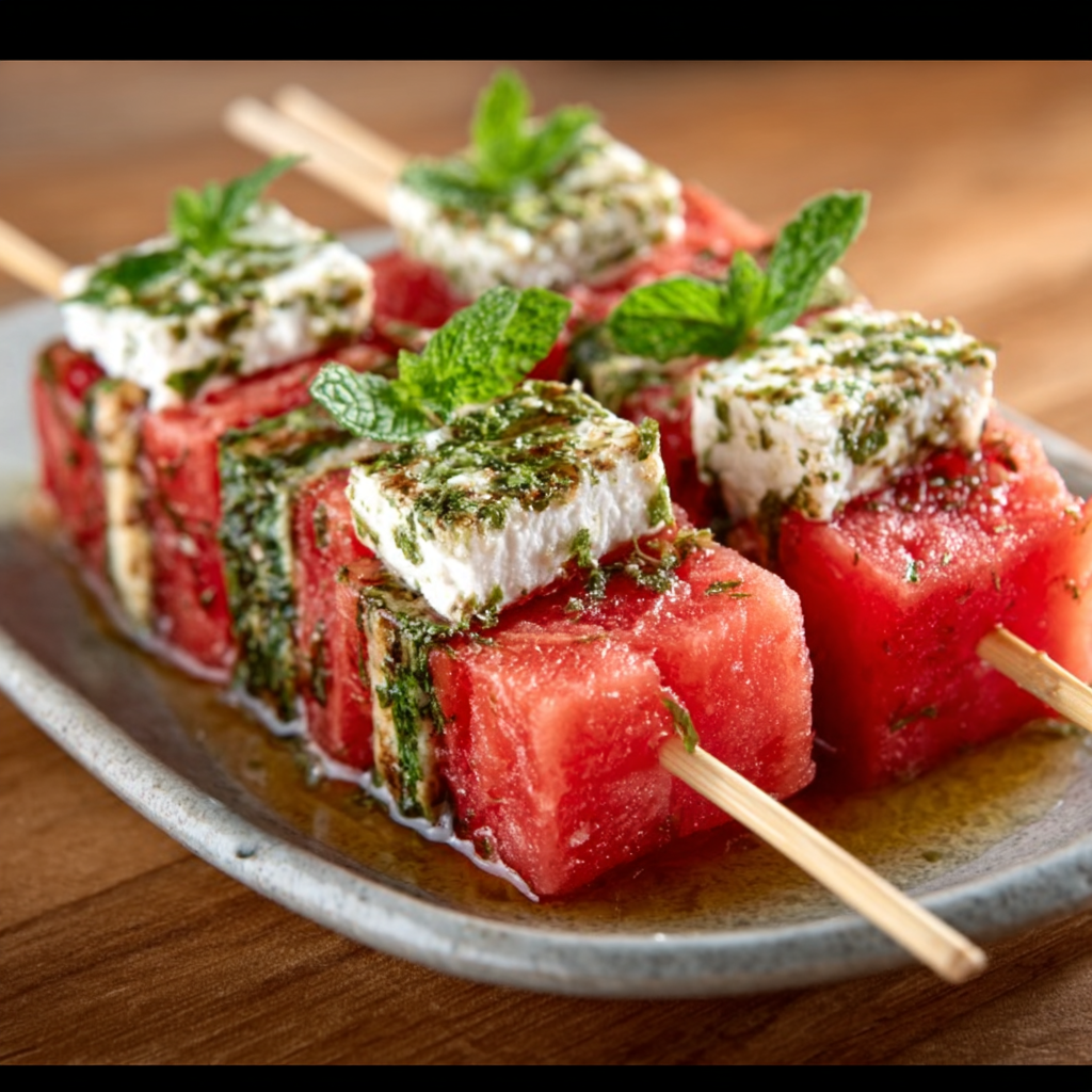 Brochetas de Sandía, Queso Idiazábal y Menta