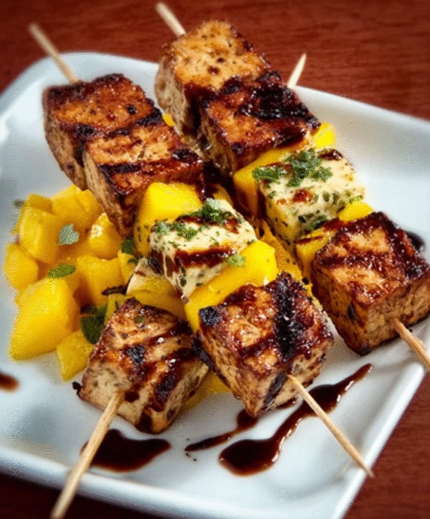 Brochetas de Tofu Glaseado con Mango