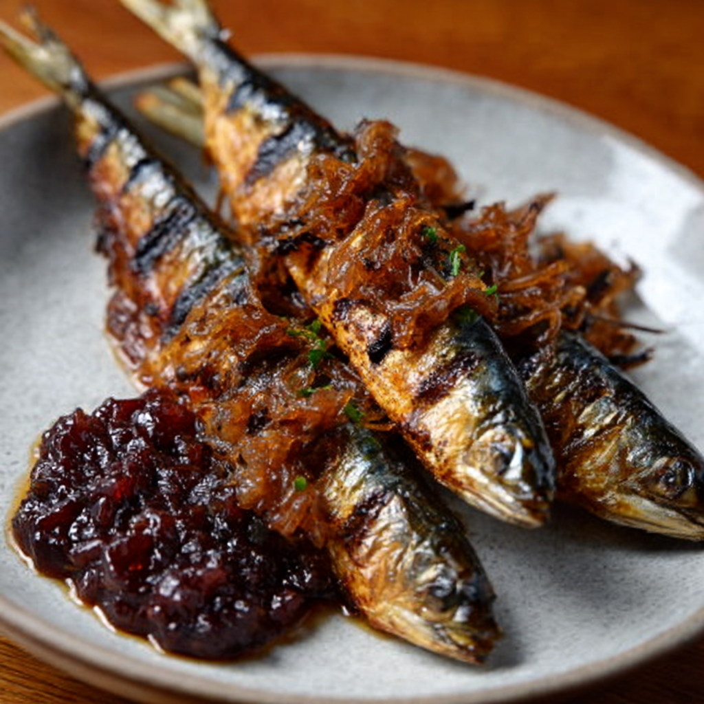 Brochetas de sardina a la parrilla con chutney de cereza y toque ahumado