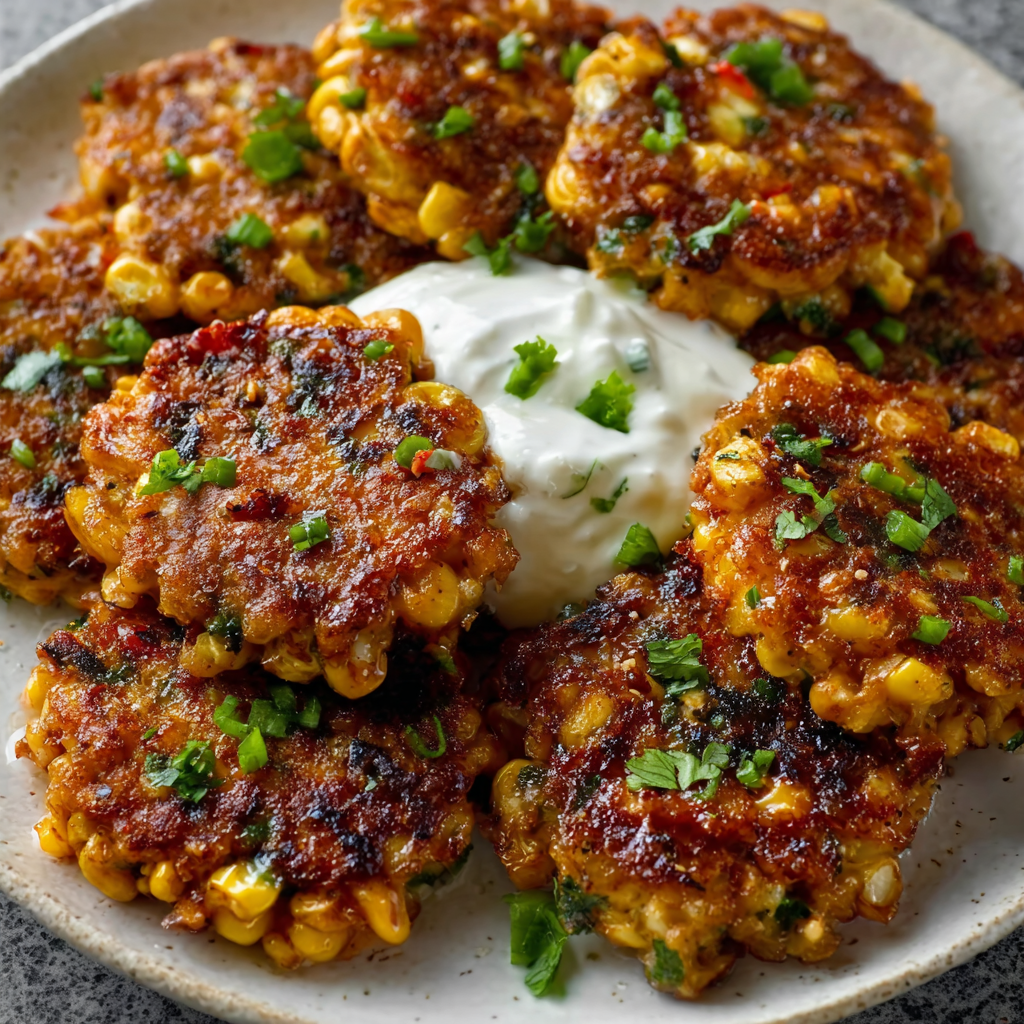 Buñuelos de maíz con miel picante y chili crisp, servidos con dip de yogur
