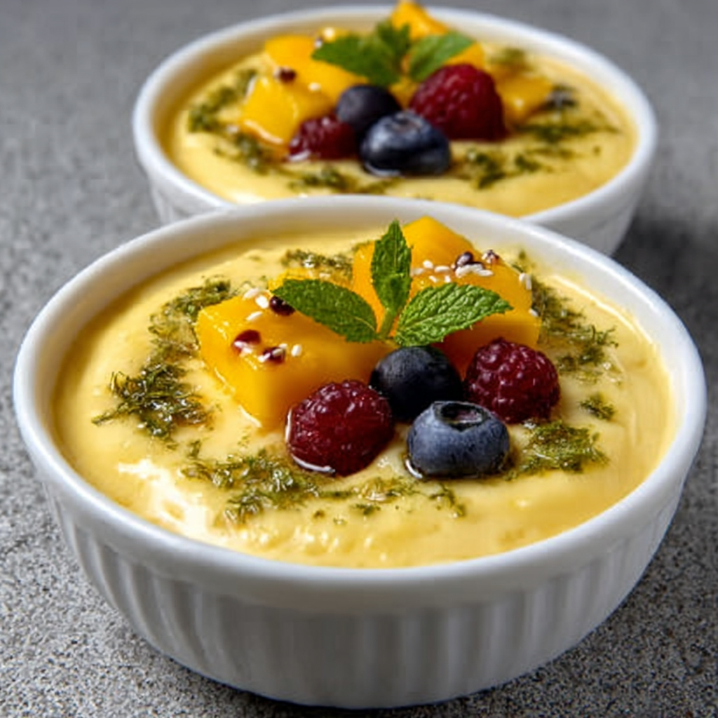 Crema fría de mango con semillas y hierbabuena