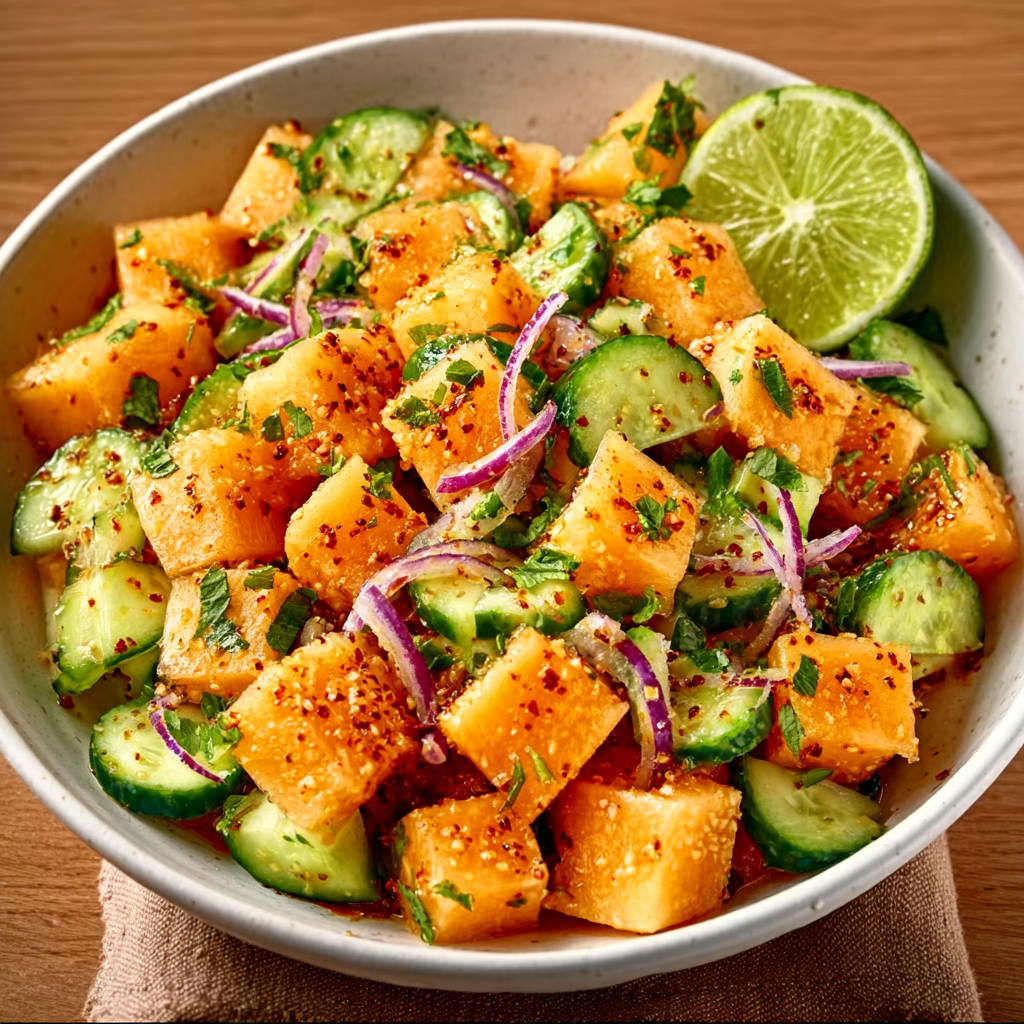 Ensalada de melón cantalupo y pepino con Tajín y lima