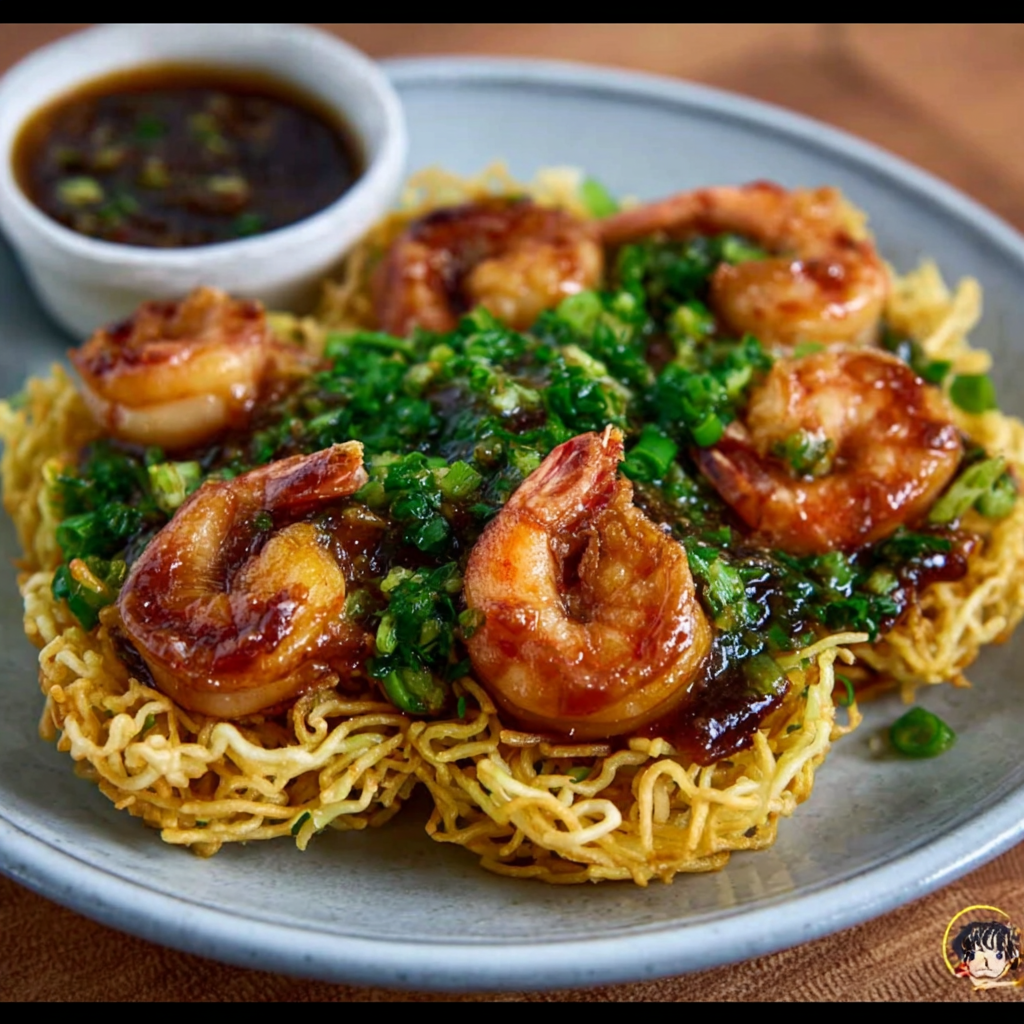 Langostinos al tamarindo sobre nidos de fideos crujientes con gremolata de cilantro