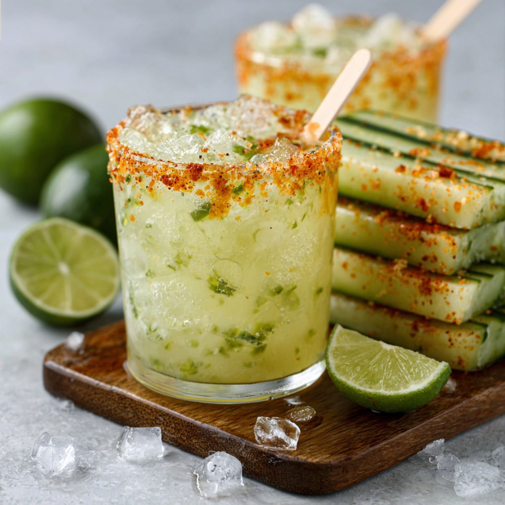 Paletas heladas de margarita con pepinillo ácido y borde de tajín