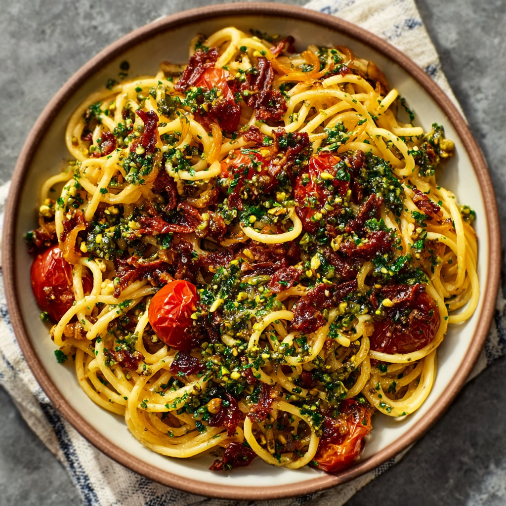 Pasta con tomates Sun Gold y gremolata de pistacho