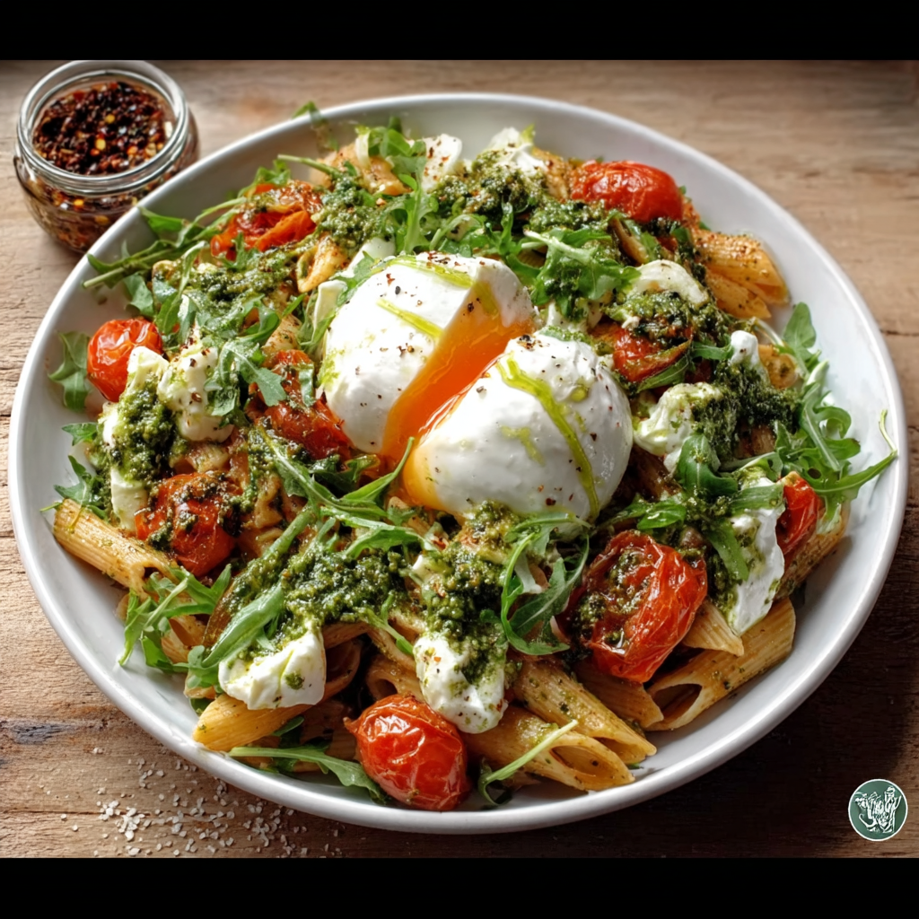 Pasta fría con pesto de rúcula y burrata cremosa