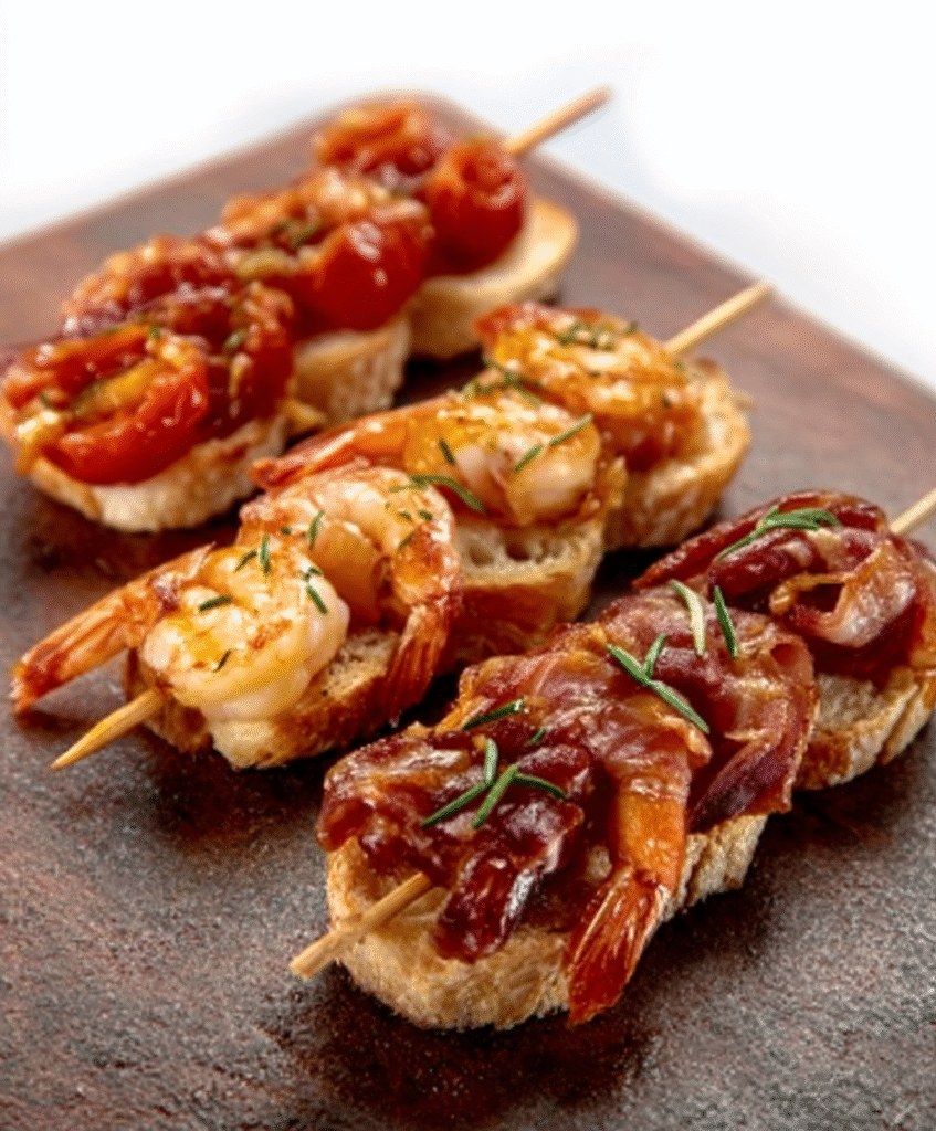 Pintxos de Panceta, Gambas y Tomate en Escabeche