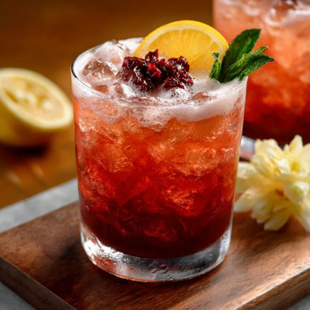 Refresco rebelde de frutas con sirope de hibisco y espuma cítrica