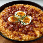 Risotto de salmorejo con holandesa de huevo y jamón