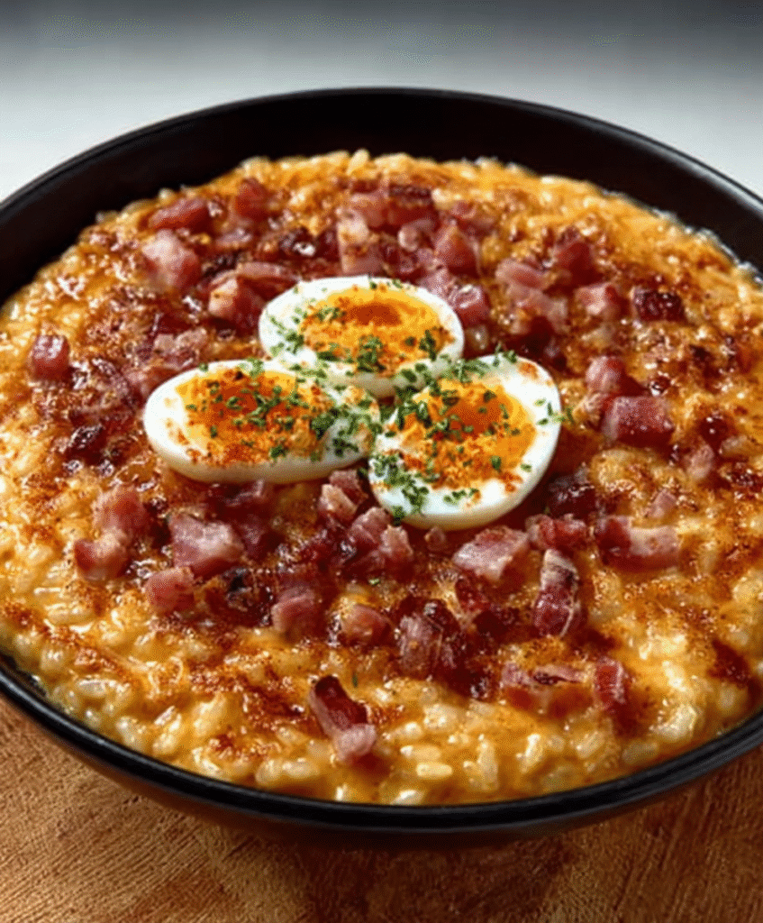 Risotto de salmorejo con holandesa de huevo y jamón