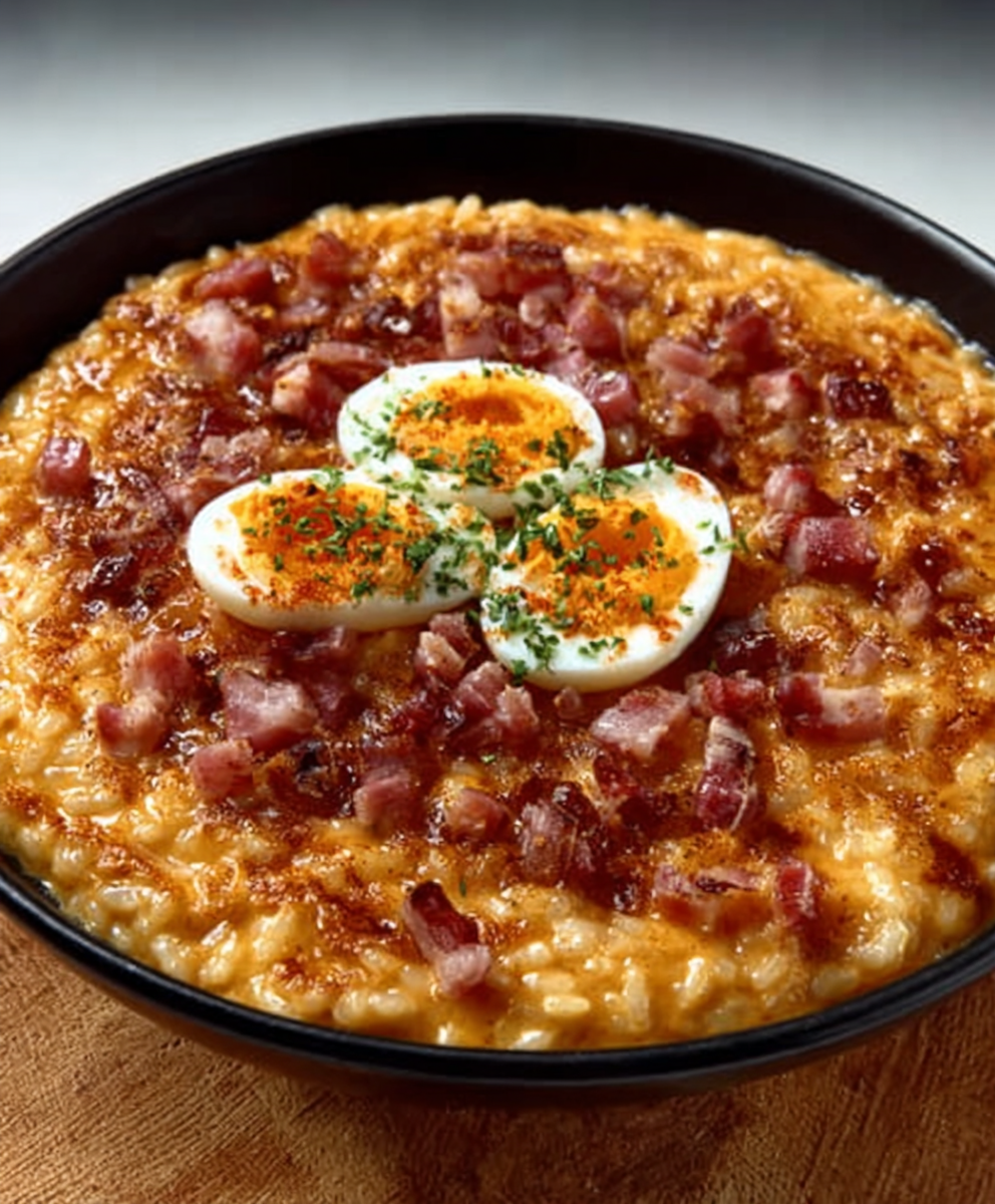 Risotto de salmorejo con holandesa de huevo y jamón