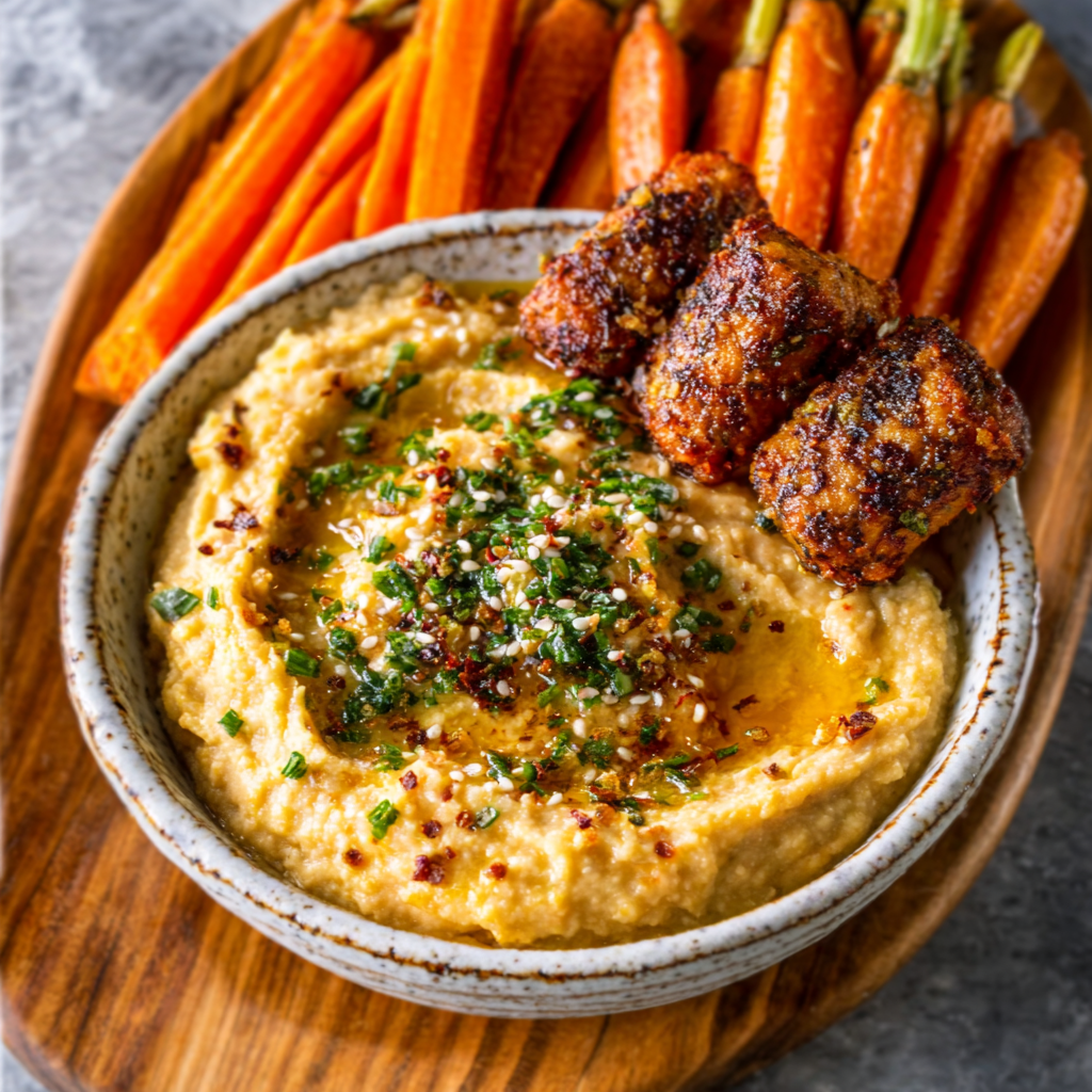 Tabla de hummus variado con twists de za’atar y zanahorias encurtidas