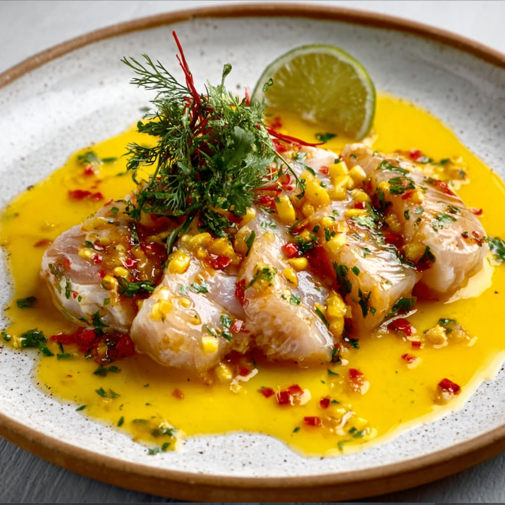 Tiradito de corvina con lima, ají amarillo y cilantro