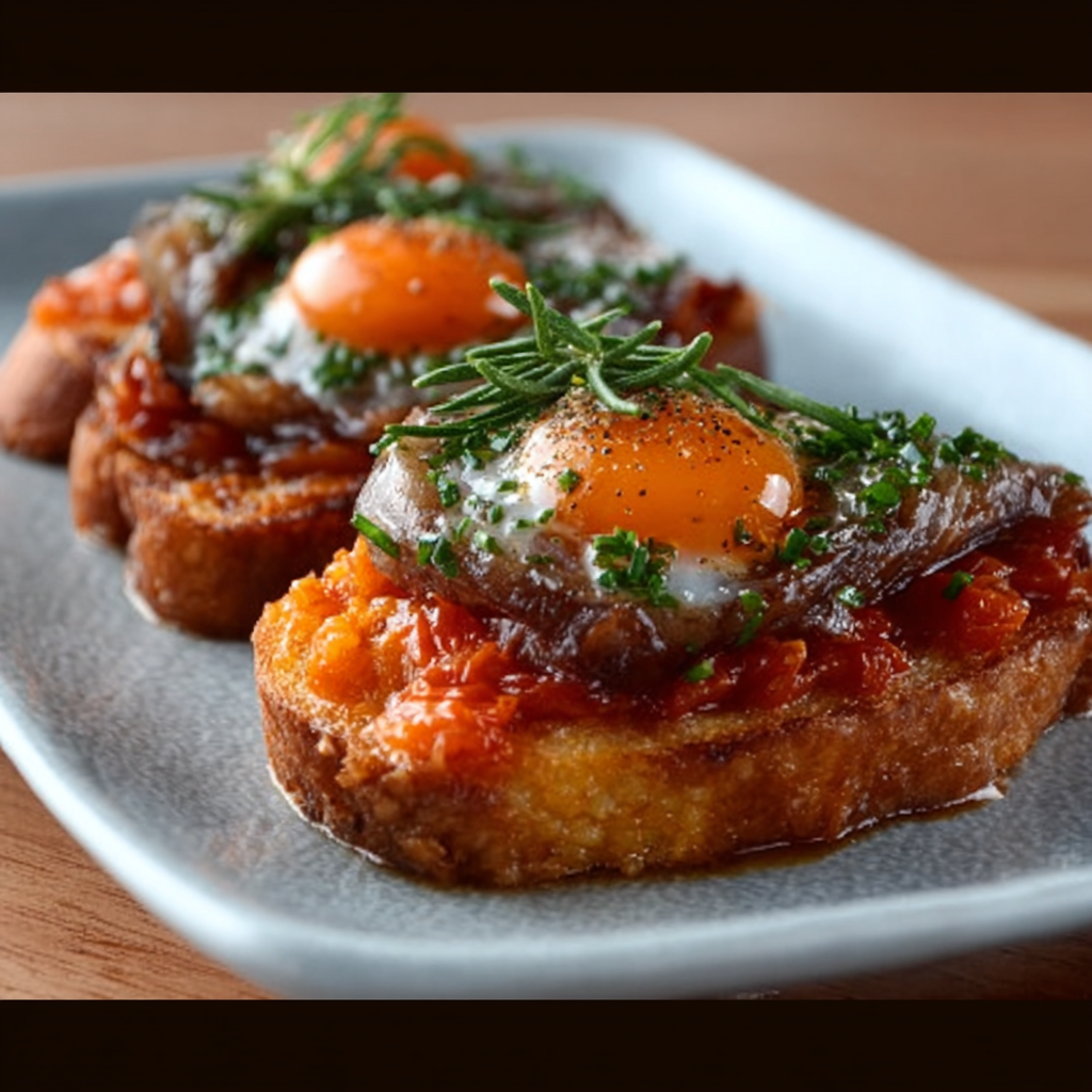 Torrija salada con tomate Huevo de Toro y hierbas