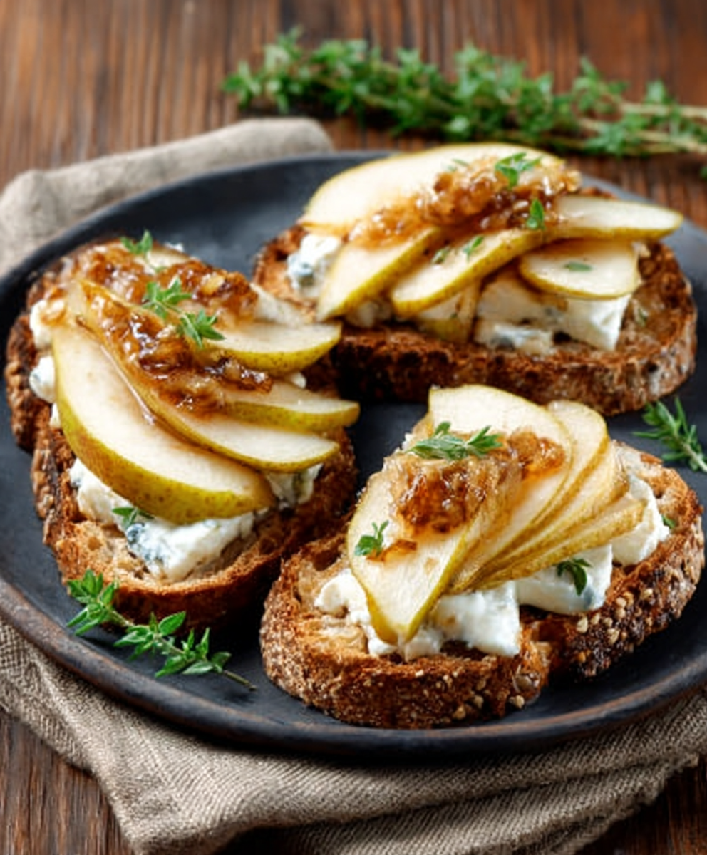 Tostadas de Pan de Centeno con Pera y Brie