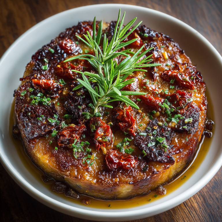 Tatin de Berenjenas con Tomates Secos, Ajo y Romero