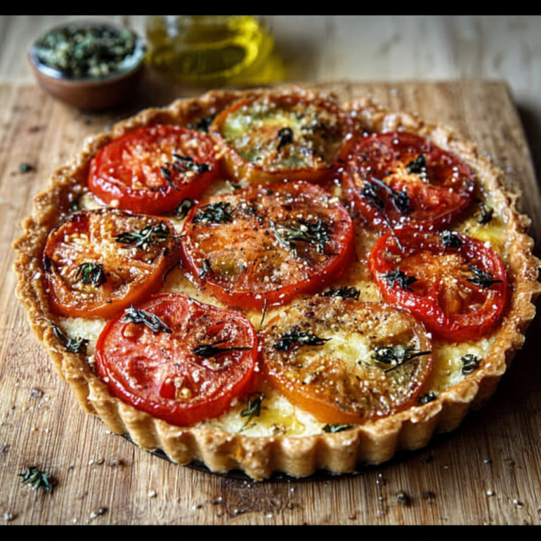 Tarta de Queso de Cabra y Tomate con Miel y Mostaza