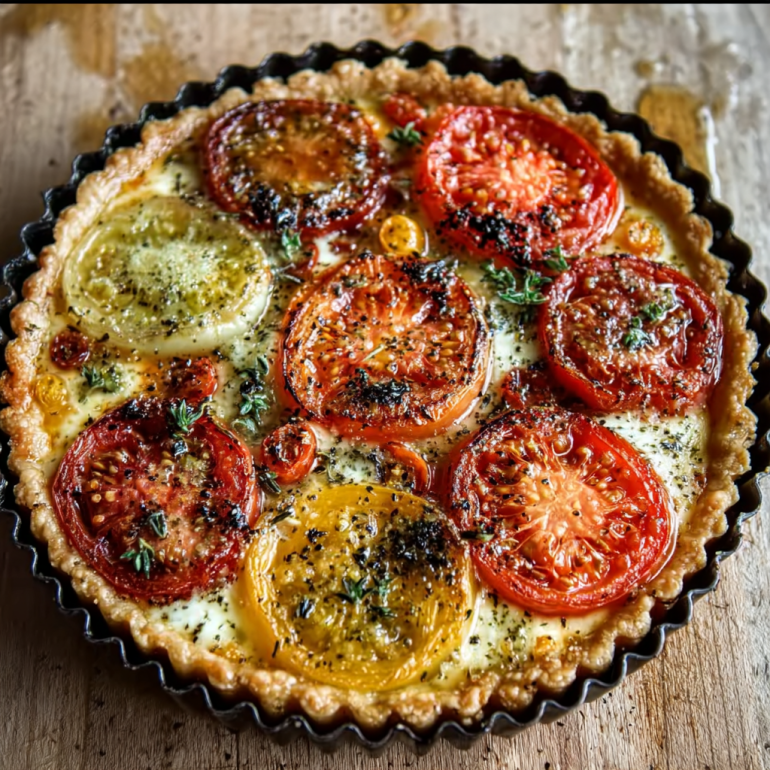 Tarta de Queso de Cabra y Tomate con Miel y Mostaza