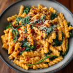 Alfredo cremoso de pimientos rojos asados con espinacas