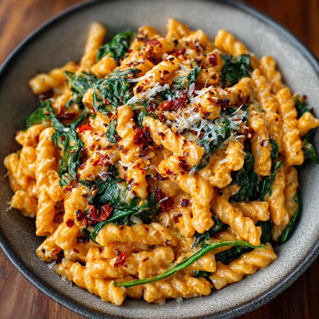 Alfredo cremoso de pimientos rojos asados con espinacas