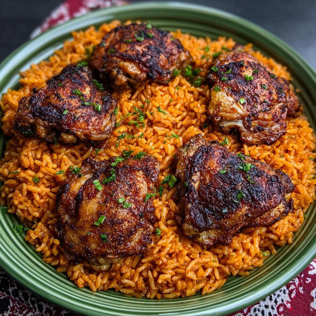 Arroz Jollof Ghanés con Muslos de Pollo Ahumados
