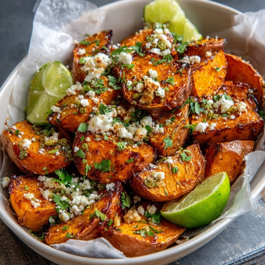 Batatas Dulces Asadas con Chile y Lima y Desmenuzado de Feta
