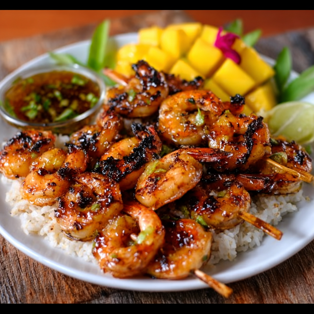 Brochetas de Camarones Glaseados con Mango y Pimienta de Sichuan