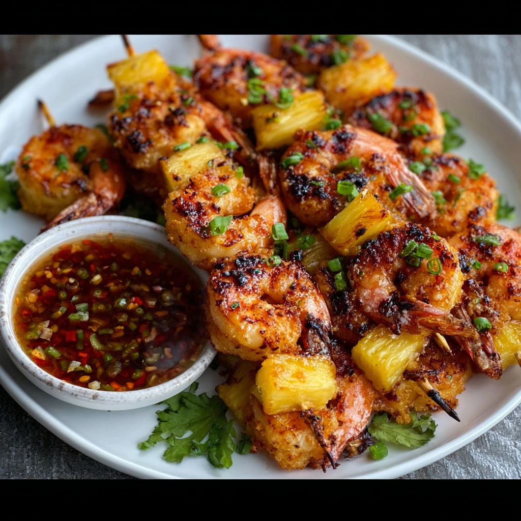 Brochetas de Camarones Panko con Piña y Chile