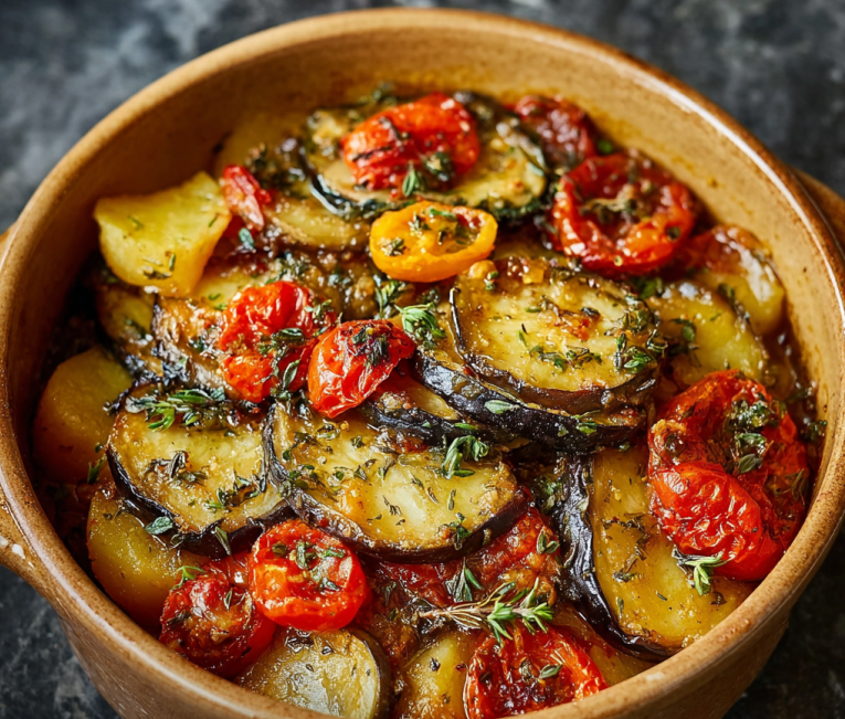 Cazuela de berenjenas, patatas y tomates