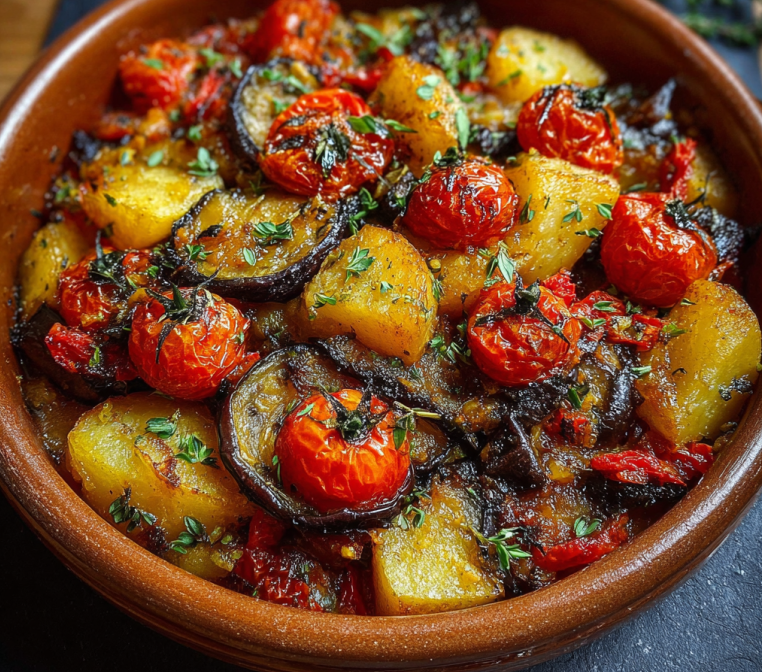 Cazuela de berenjenas, patatas y tomates