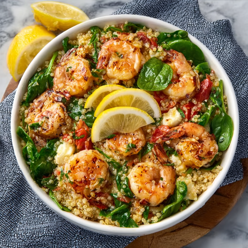 Cazuela de Quinoa con Camarones, Albahaca y Espinacas