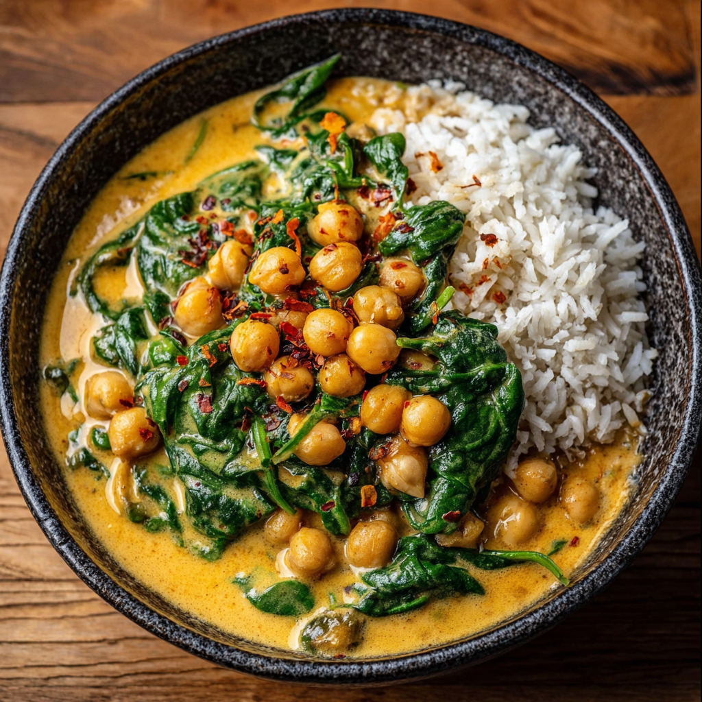 Curry cremoso de garbanzos y espinacas