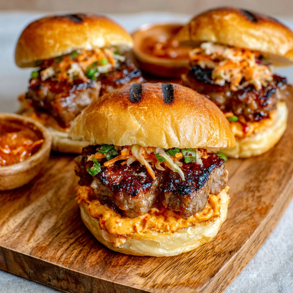 Deslizadores de panceta de cerdo a la barbacoa coreana con mayonesa de kimchi