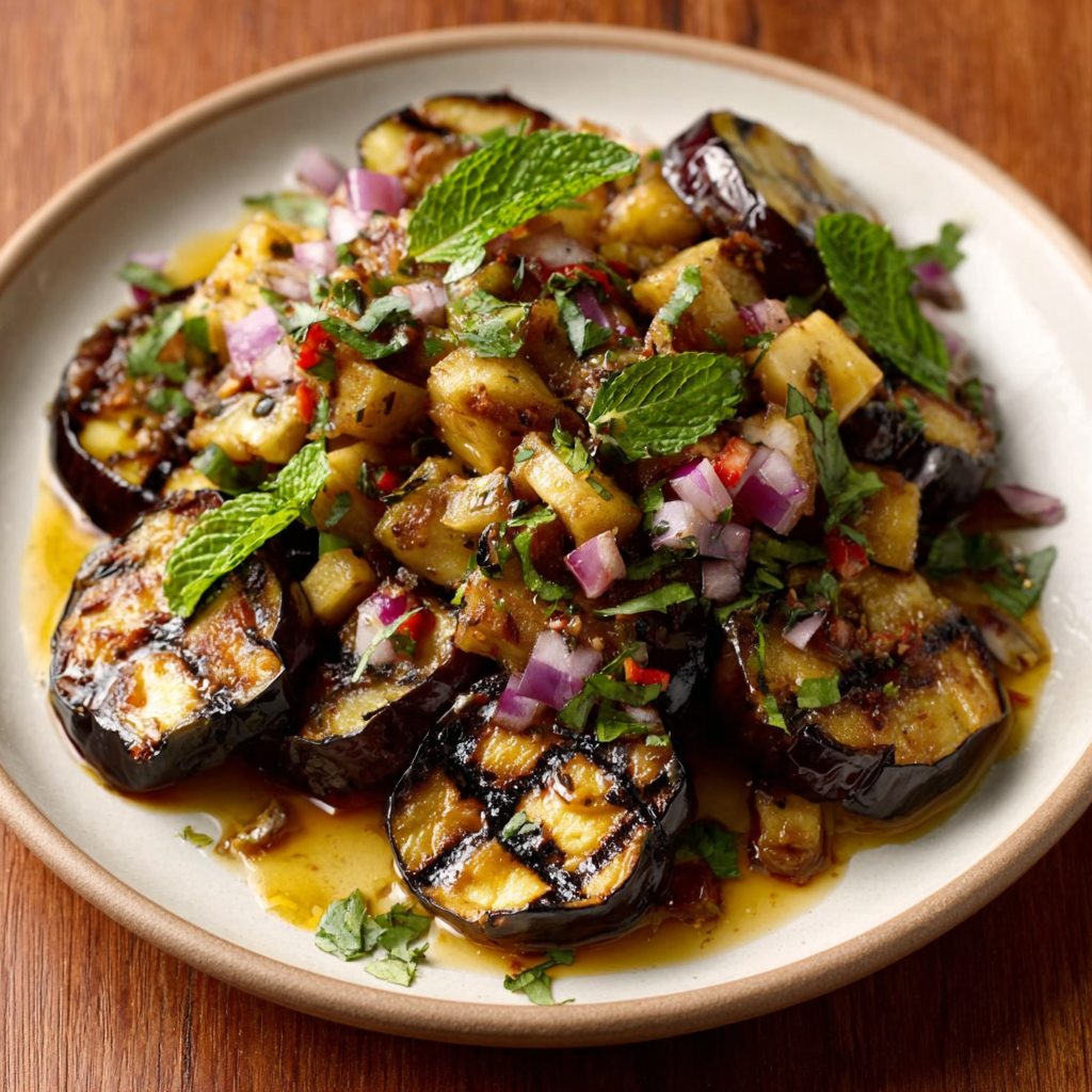 Ensalada de Berenjenas a la Parrilla con Lima Kaffir y Tamarindo