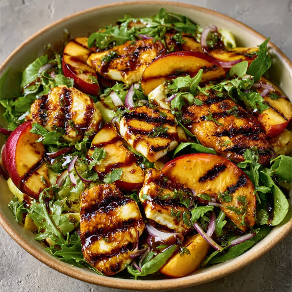 Ensalada de Duraznos a la Parrilla y Halloumi con Glaseado Balsámico