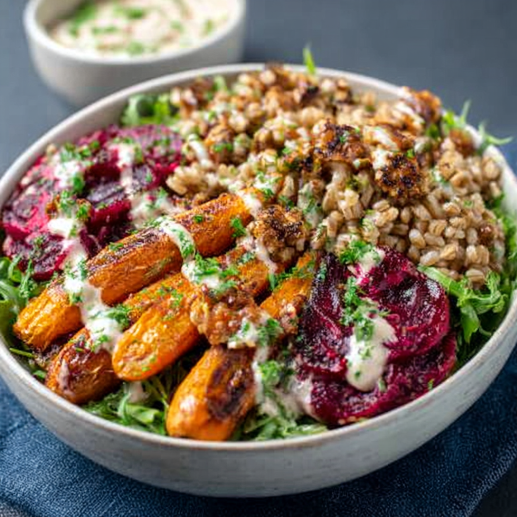 Ensalada de Farro con Zanahorias Asadas y Remolacha con Aderezo de Tahini