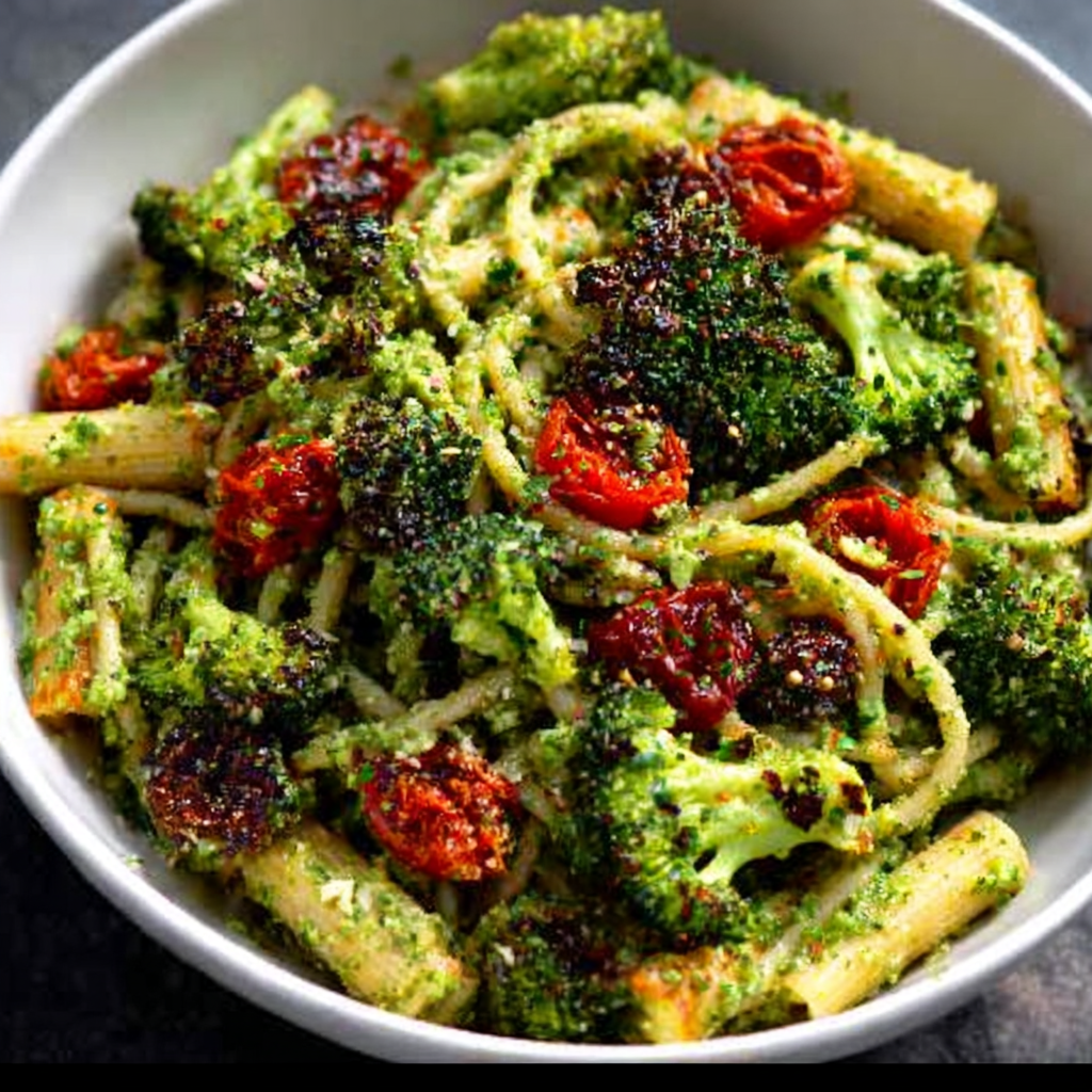 Espaguetis con Pesto de Brócoli Carbonizado y Semillas de Cáñamo