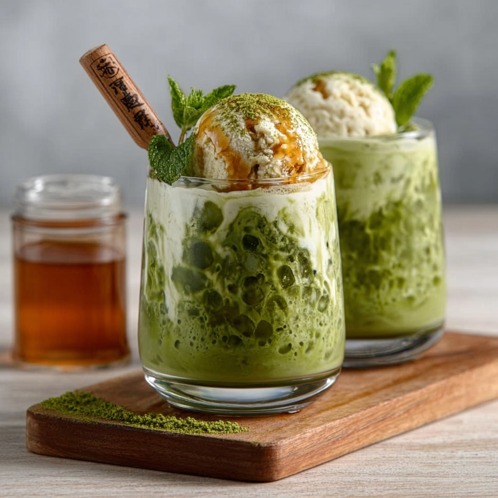 Latte helado de matcha y vainilla