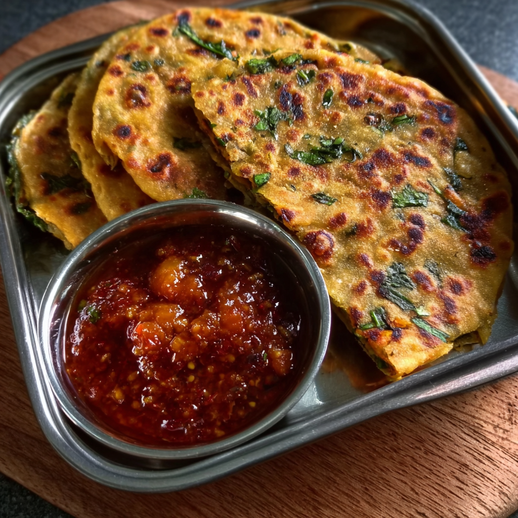 Paratha de Methi India con Chutney de Tomate Picante