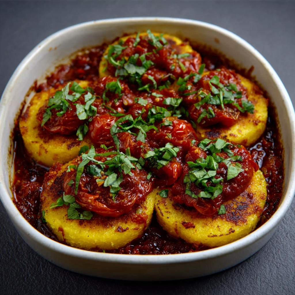 Pasteles de Polenta Crujientes con Relish de Tomate Asado