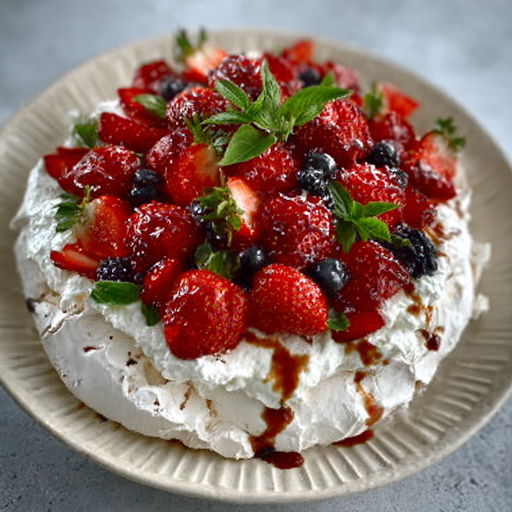 Pavlova de fresa y albahaca