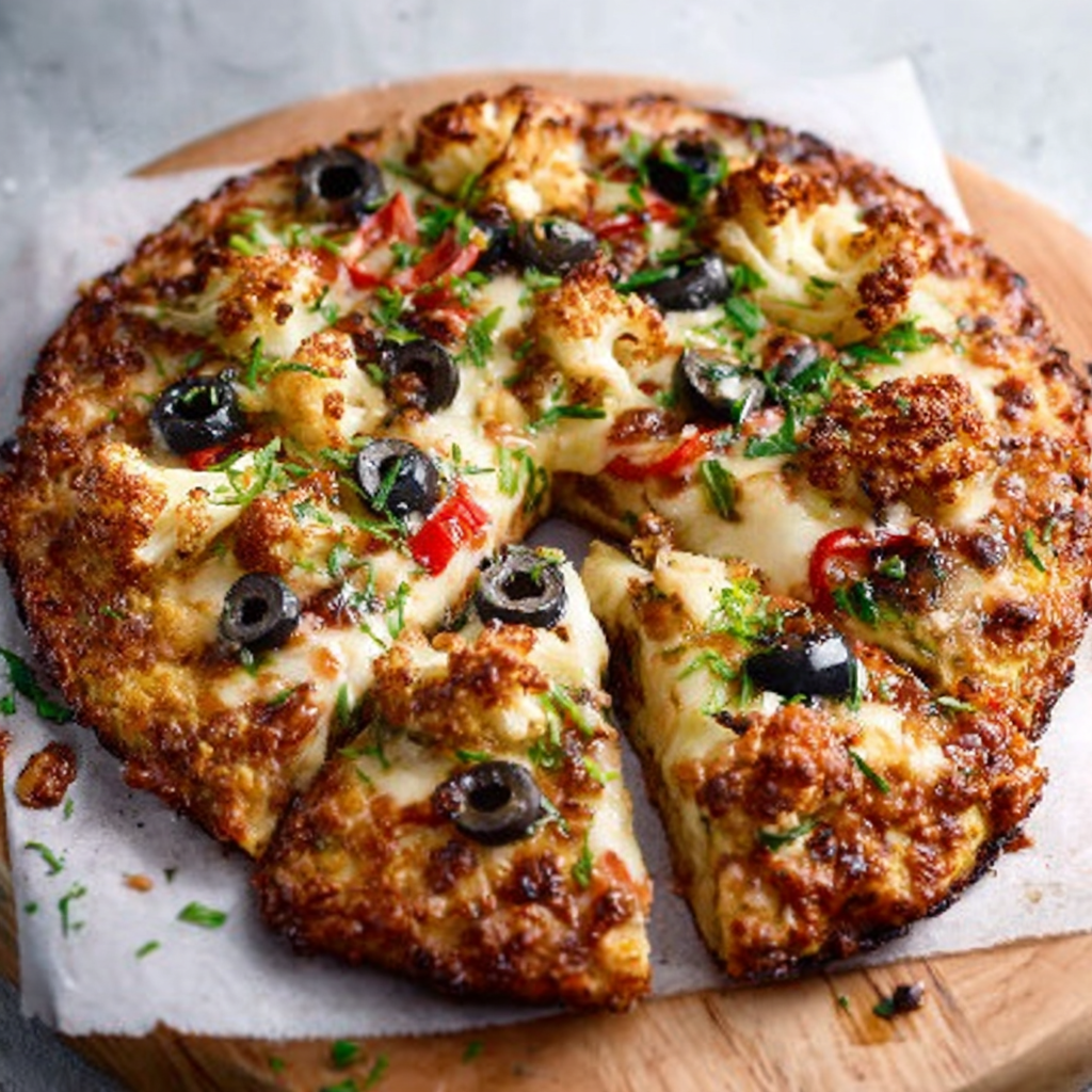 Pizza de Coliflor con Pimientos y Aceitunas