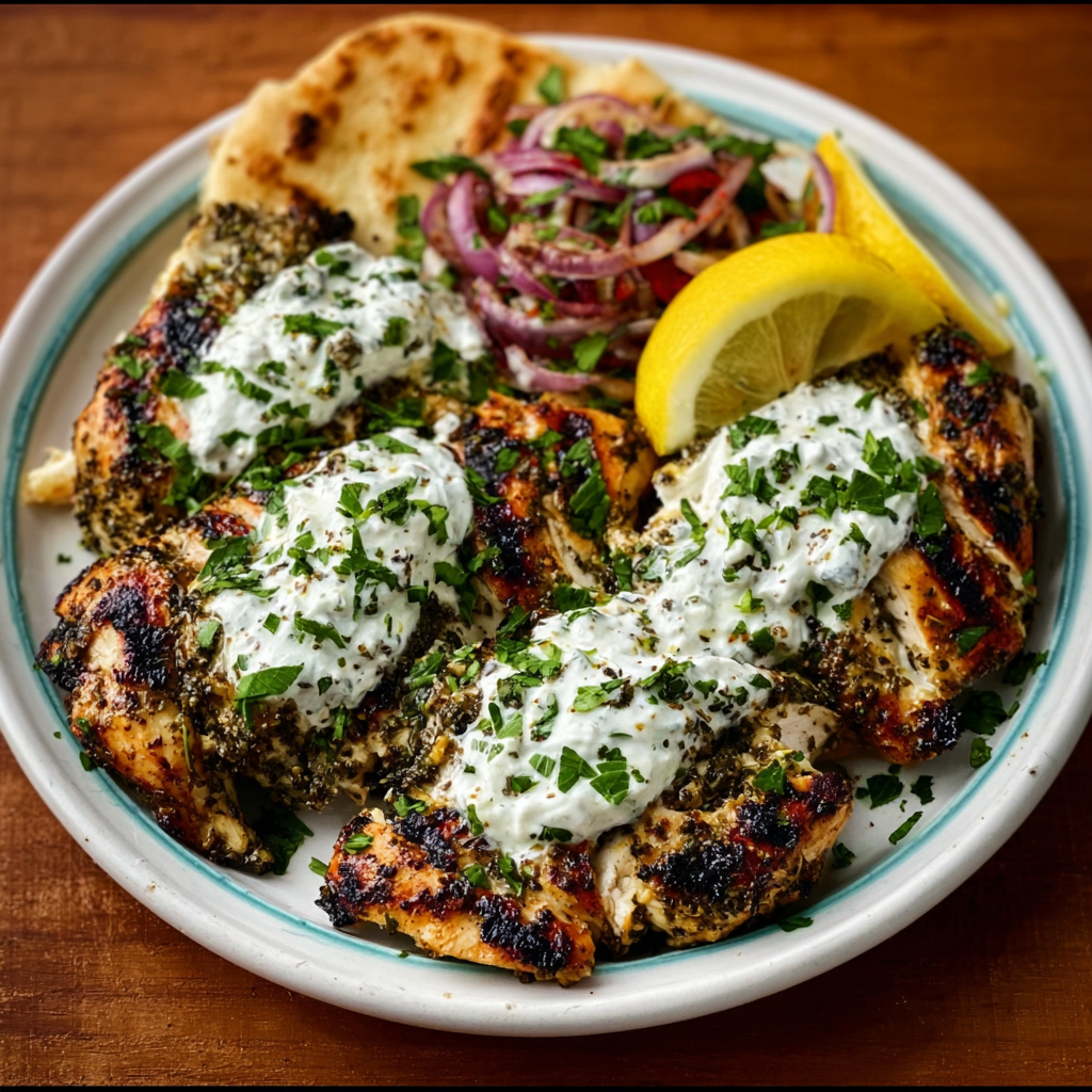 Pollo a la parrilla libanés con za'atar y yogur de sumac