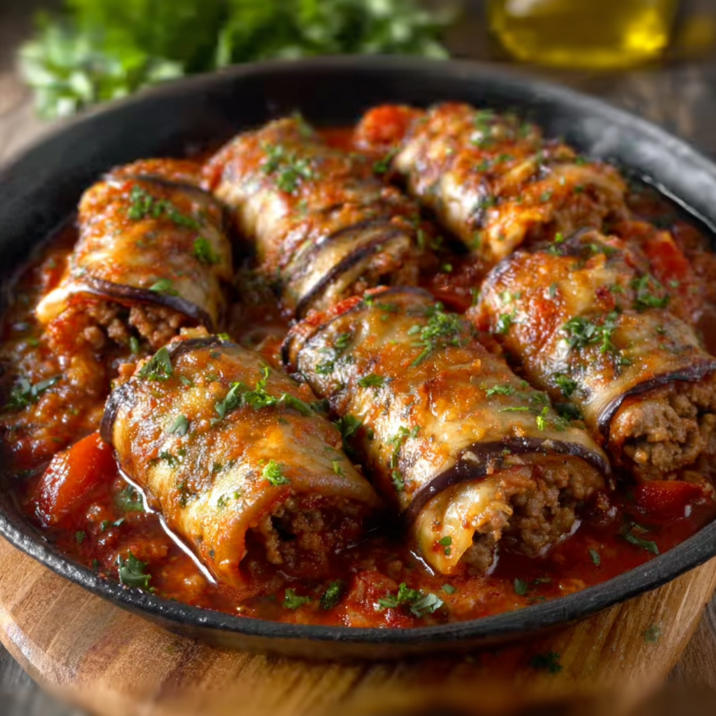 Rollos de Berenjena con Carne Picada y Tomate