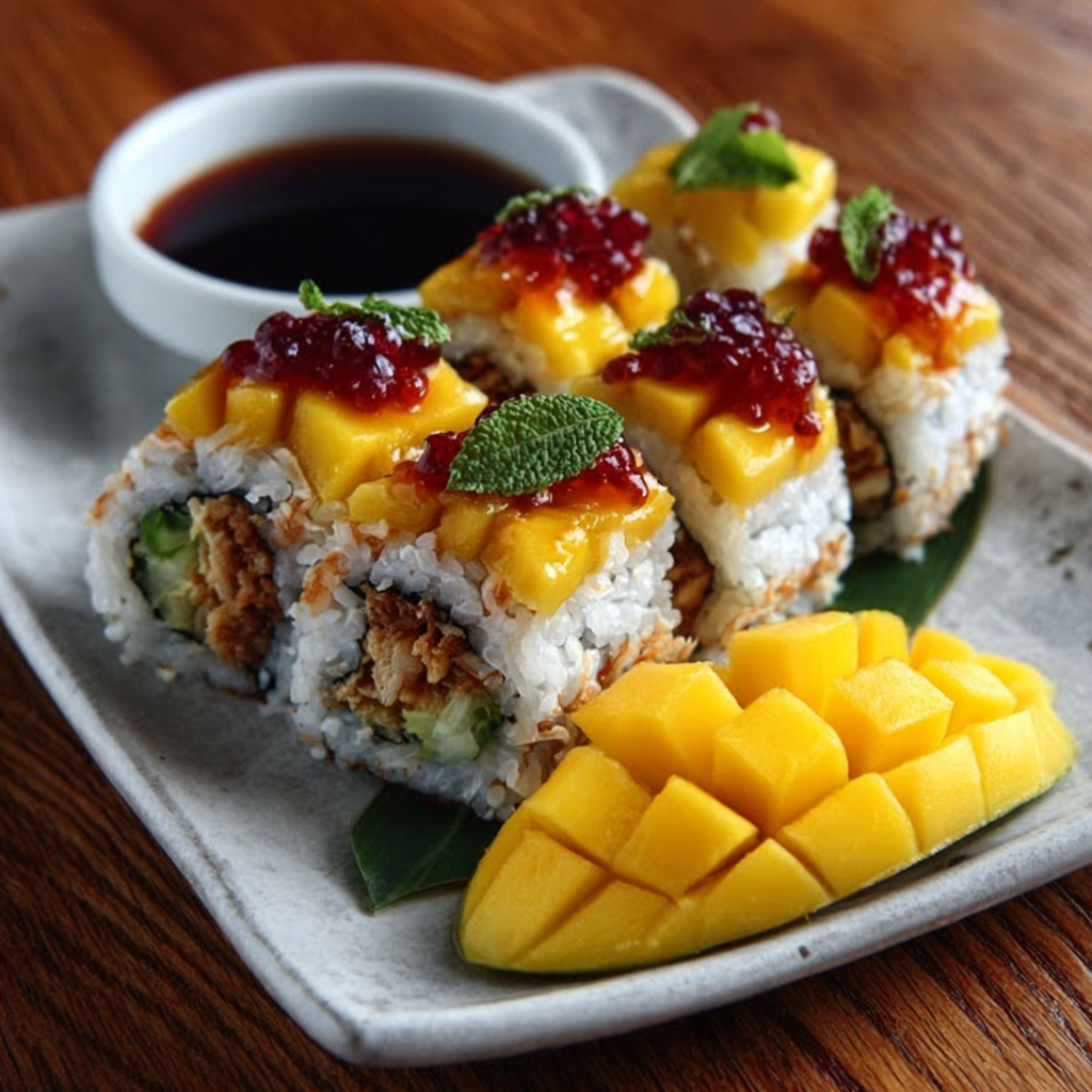 Rollos de Sushi de Mango y Coco con Chile y Lima