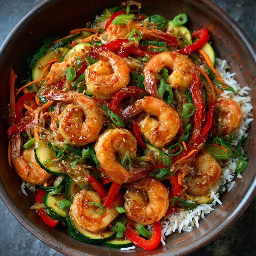 Salteado de Camarones y Calabacín con Salsa de Chile Dulce y Coco