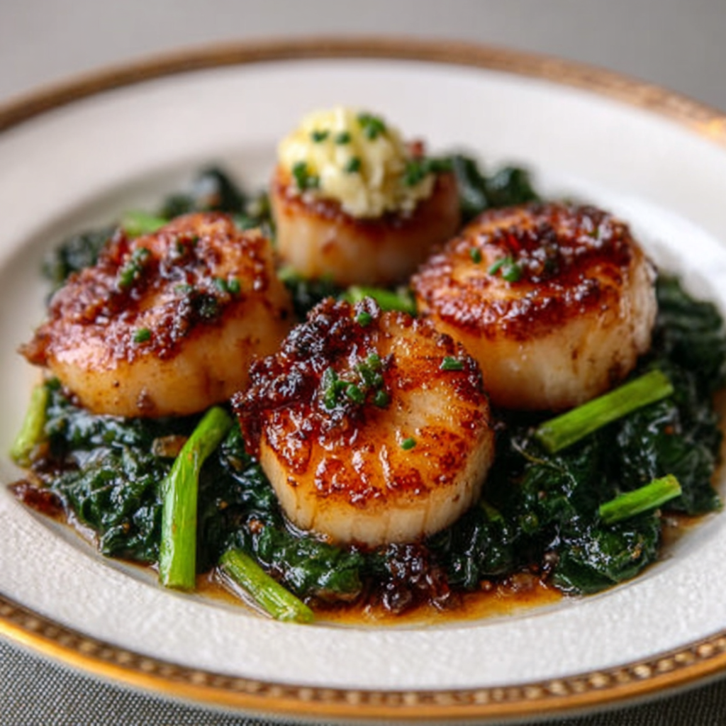 Scallops Selladas Glaseadas con Miso y Jarabe de Arce con Mantequilla de Cebollino