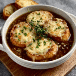 Sopa Francesa de Cebolla Vegetariana con Tostadas de Gruyère